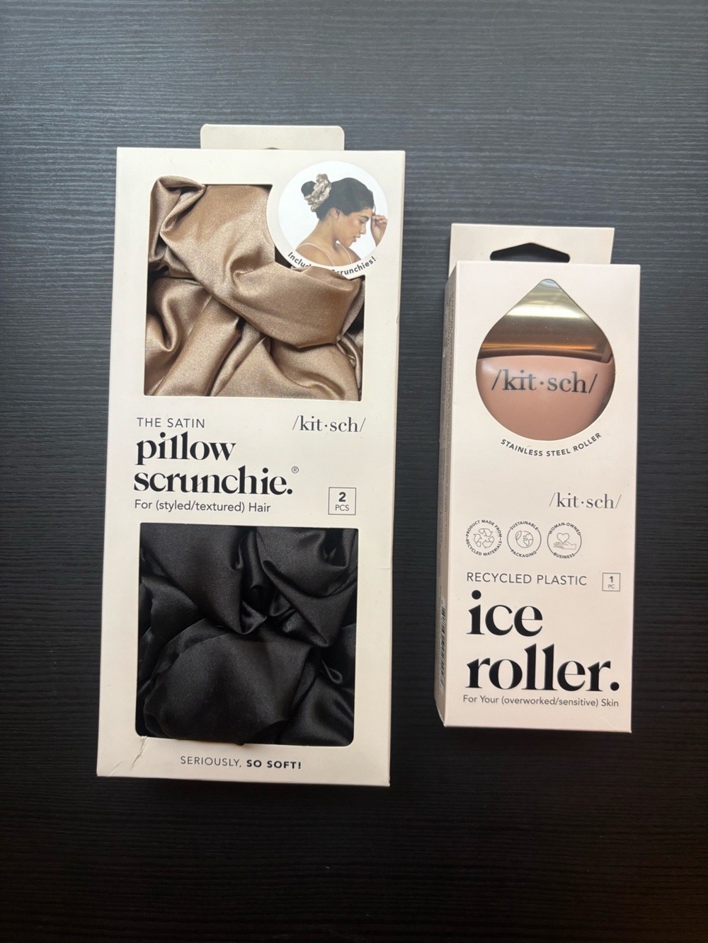 kitsch Ice Roller & Satin Pillow Scrunchie Set - Black & Champagne